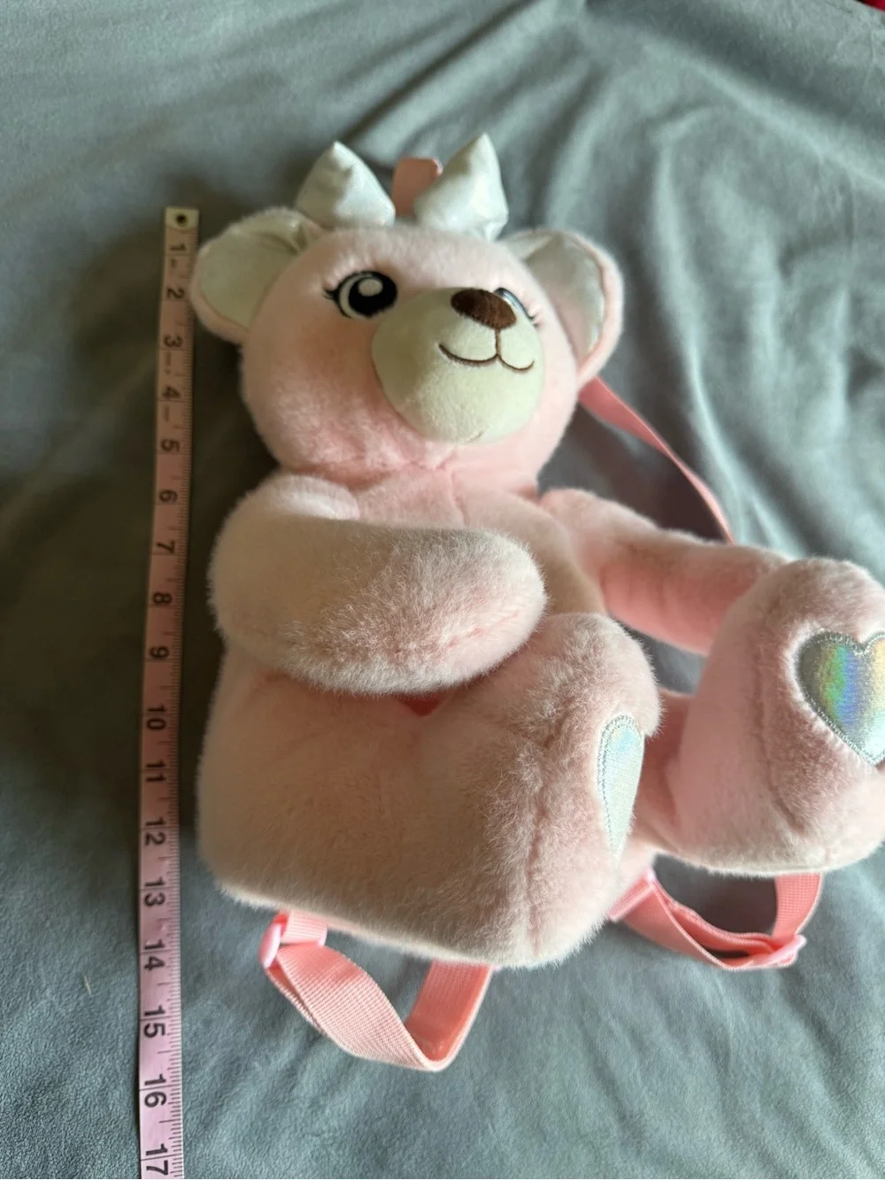 Pastel Pink Plush Teddy Bear Mini Backpack | Kawaii Iridescent Bow & Heart Pads